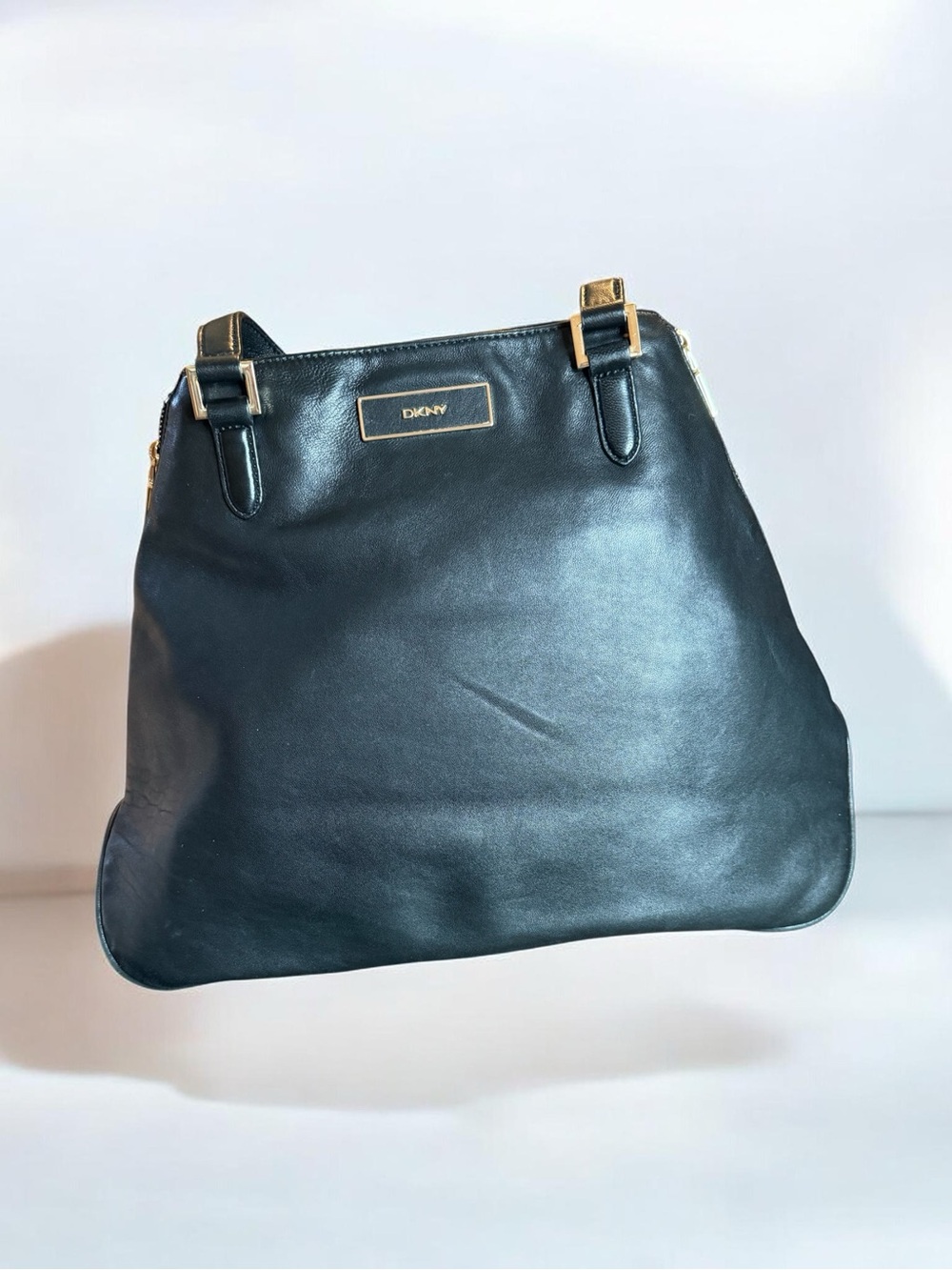 DKNY Black Leather Tote with Gold Accents - Picture 2 of 3